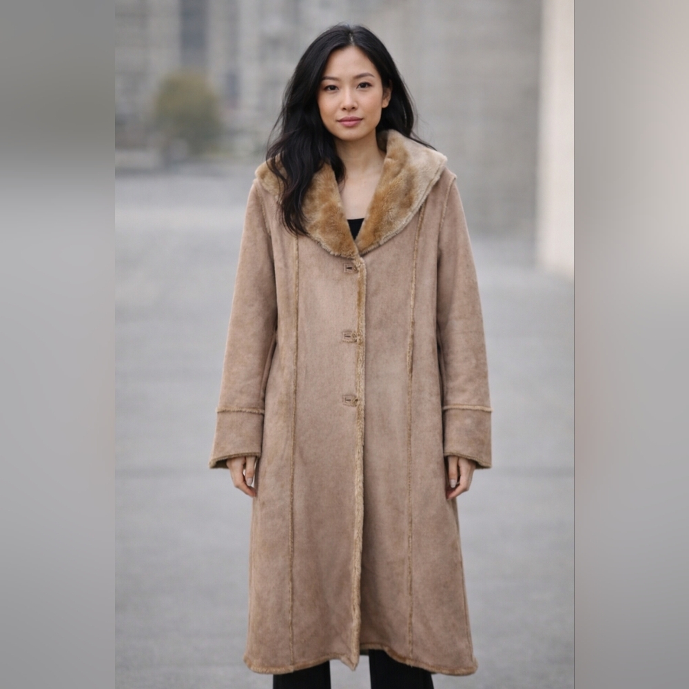 Wilsons Leather Full Length Faux Tan Suede Coat Faux Fur Shearling Women’s SZ S